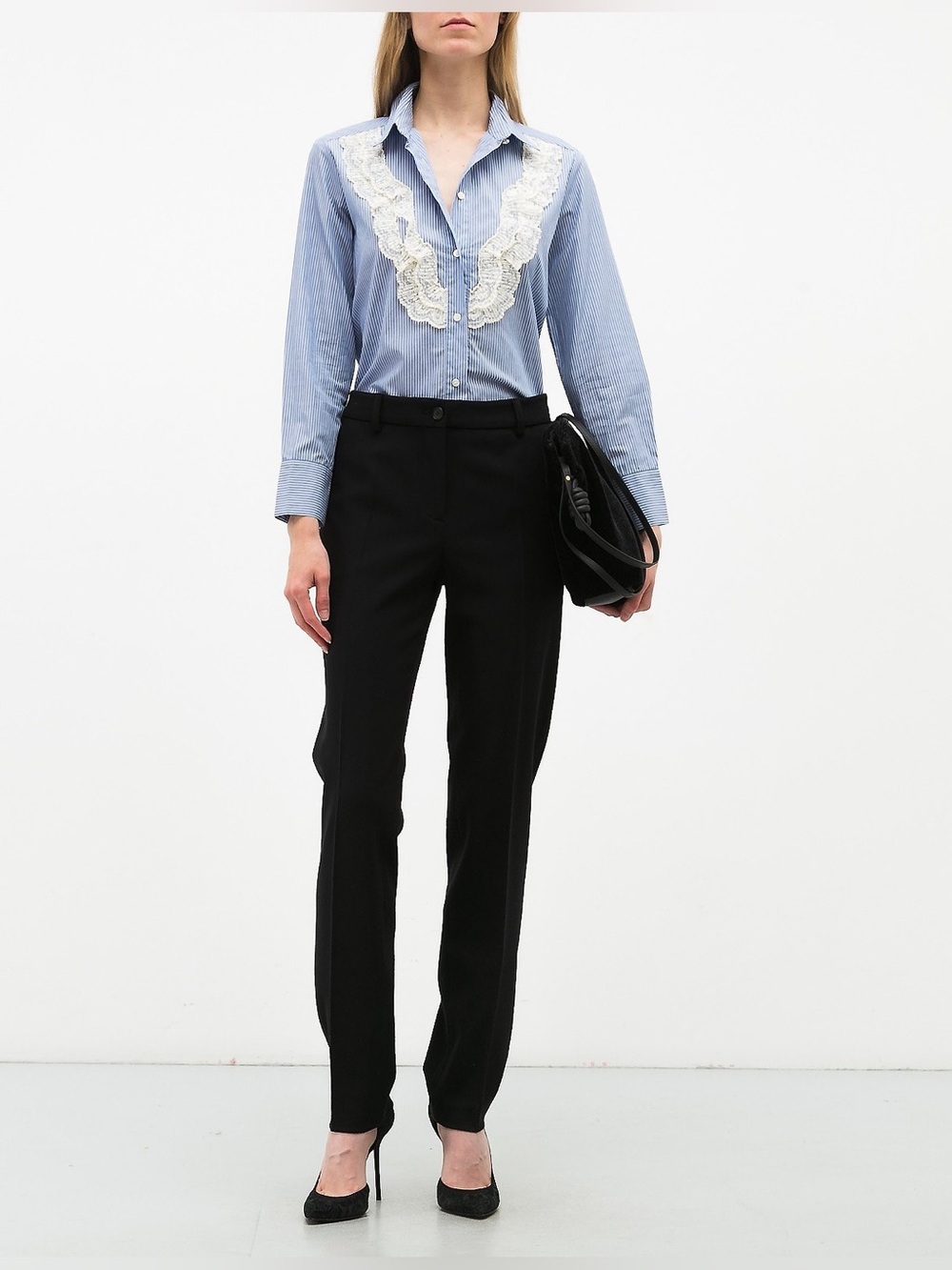Sandro Paris Blue Striped Lace Ruffle Button Up Blouse Size 3 M/L French Classic - Picture 3 of 12